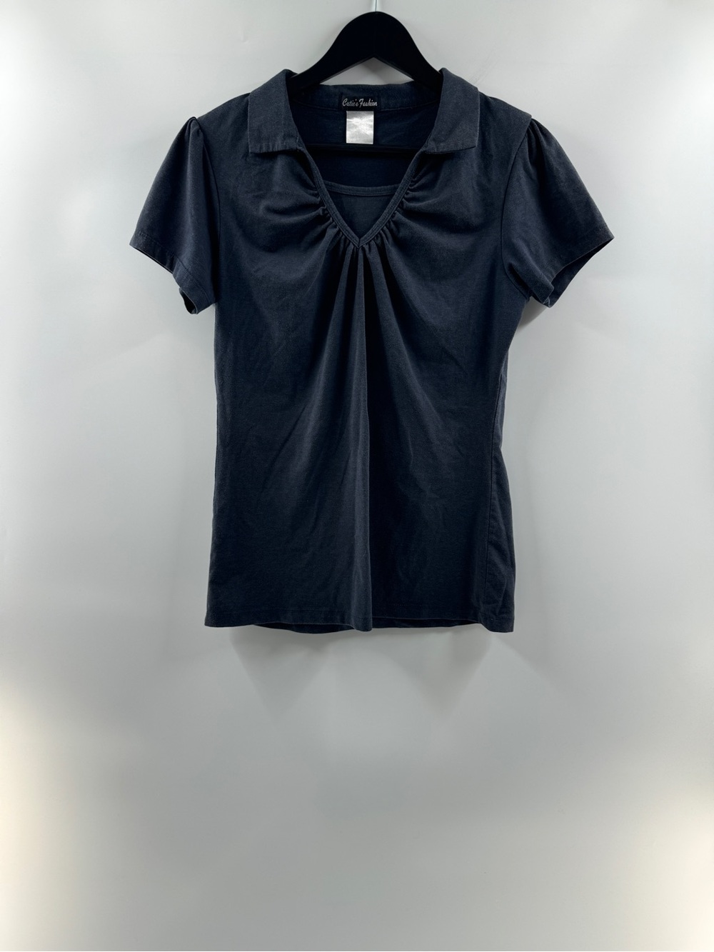 Cutie’s Fashion Navy Blue Ruched Collared Top Built In Bra Women’s Medium